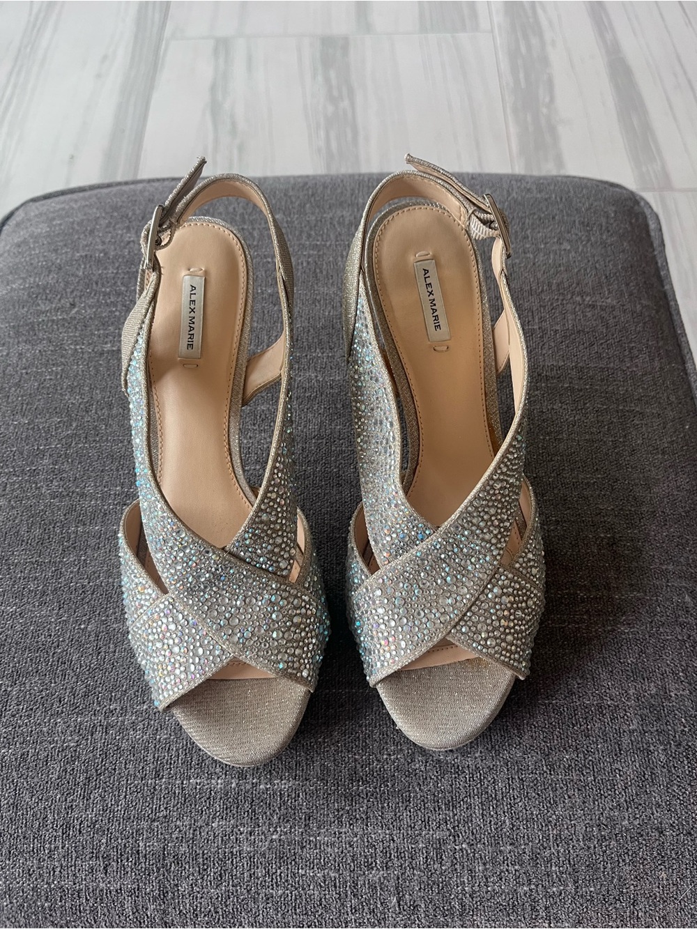 Alex Marie Iridescent Crystal Crossed Slingback Heels in Silver